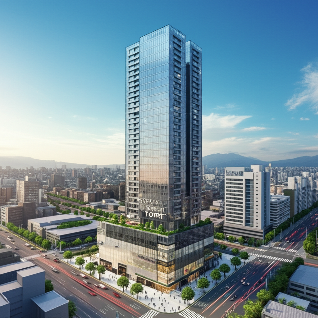 插畫:台中市熱鬧都市環境中的現代高樓,醒目顯示「TOP1環球經貿中心」,展現其城市地標地位