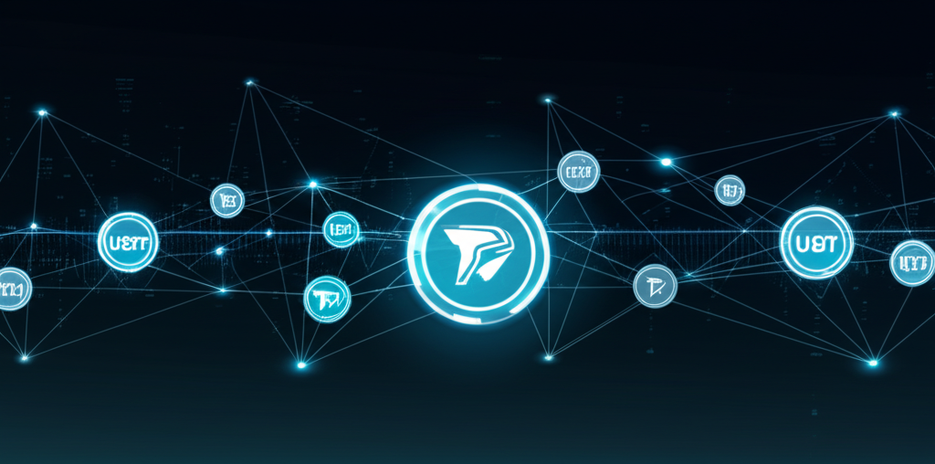 波場區塊鏈網路的插圖，展示互聯節點與 TRC20 代幣如 USDT 的快速交易、低費用和智能合約