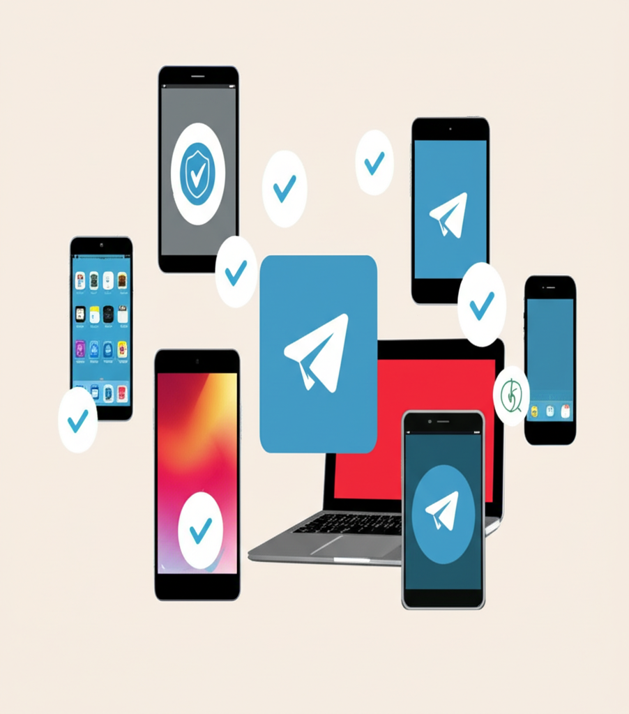 各種裝置如智慧型手機和筆電顯示 Telegram 標誌，強調跨平台相容性和官方下載的安全性