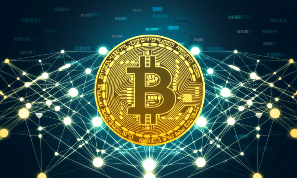 閃耀的金色比特幣象徵數位黃金，展示區塊鏈網路與加密交易記錄