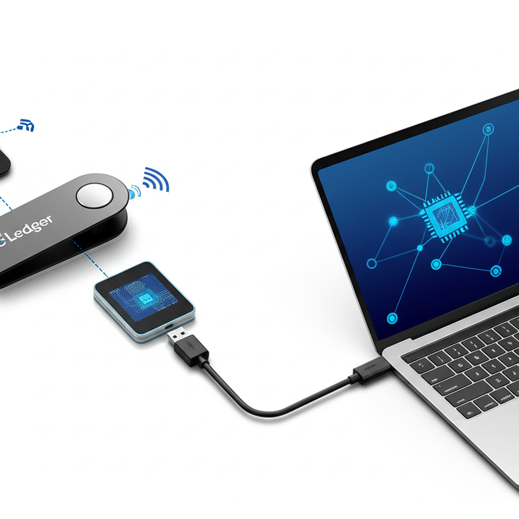 Ledger裝置透過USB或藍牙連接電腦與手機進行離線交易簽署的示意圖