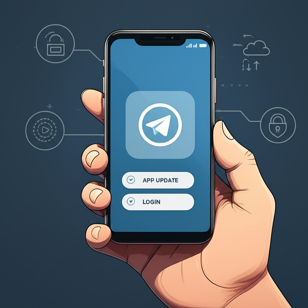 手持智慧型手機,螢幕顯示 Telegram 更新圖示,背景為包含應用更新、登入與雲端備份的檢查清單,確保設定過程順利
