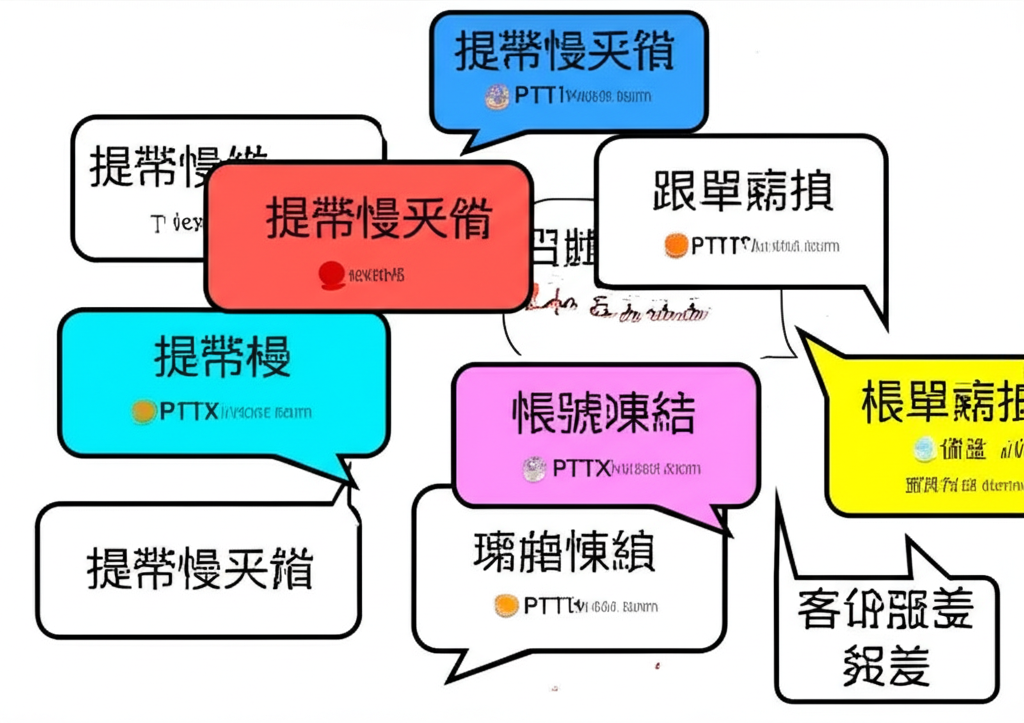 插圖：PTT使用者的對話氣泡交織成數位討論場景，內容包含出金緩慢、帳戶凍結、跟單虧損與客服無效等常見抱怨