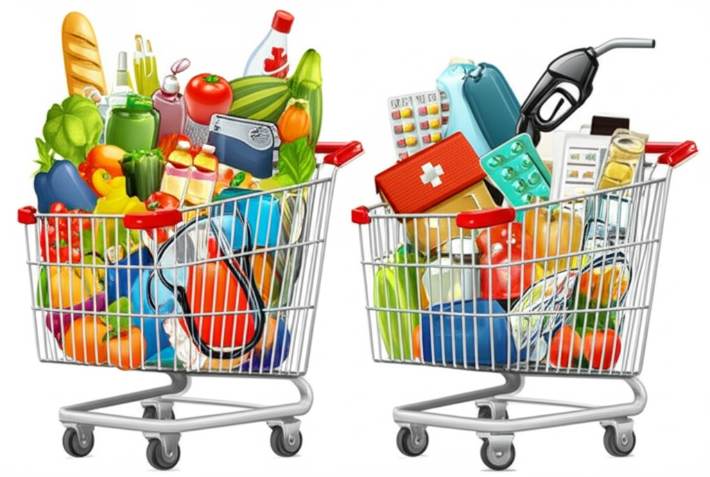 購物車充滿各種消費品如食品燃料住房醫療,對比另一車僅含非食品非能源項目