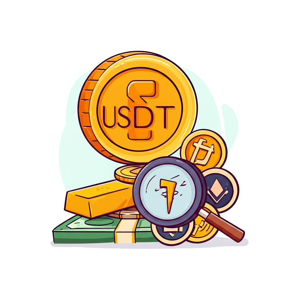 USDT穩定幣平衡在現金、黃金和數位代幣等資產堆疊上的插圖，一把放大鏡檢查儲備