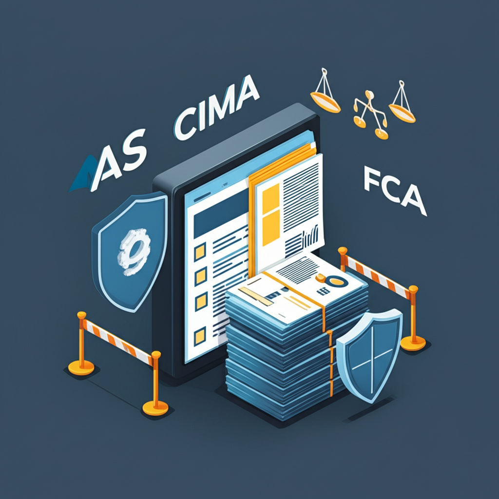 ASIC、CIMA、VFSC、FCA等監管機構標誌共同守護金融平台,周圍有法律文件與保護屏障