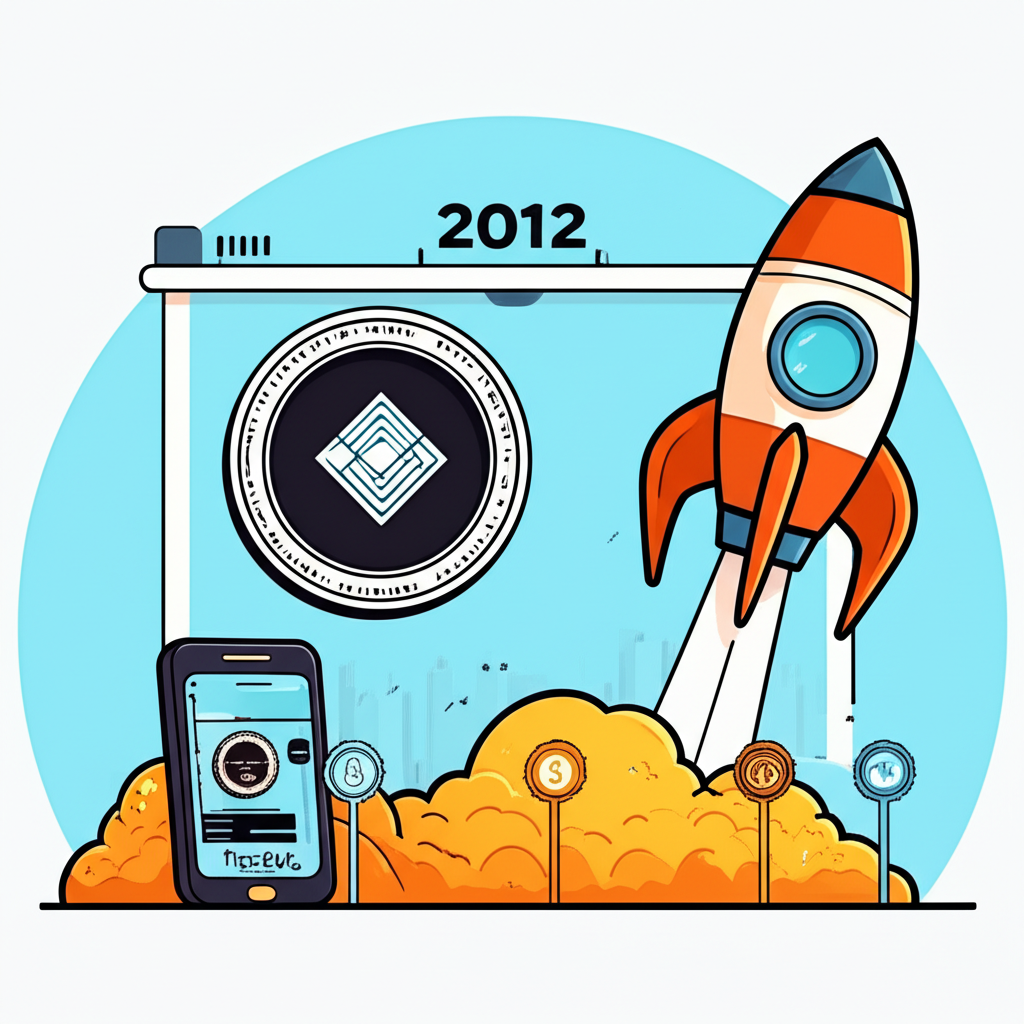 時間軸插圖呈現Coinbase自2012年創立以來的發展歷程，從比特幣服務擴展至多樣加密資產，最終登上納斯達克，火箭圖示象徵成長與主流接納