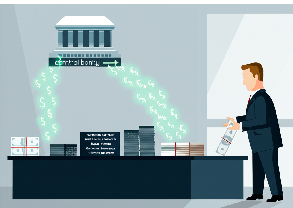 中央銀行官員向商業銀行購買金融資產,創造數位貨幣並提升銀行放貸能力的示意圖