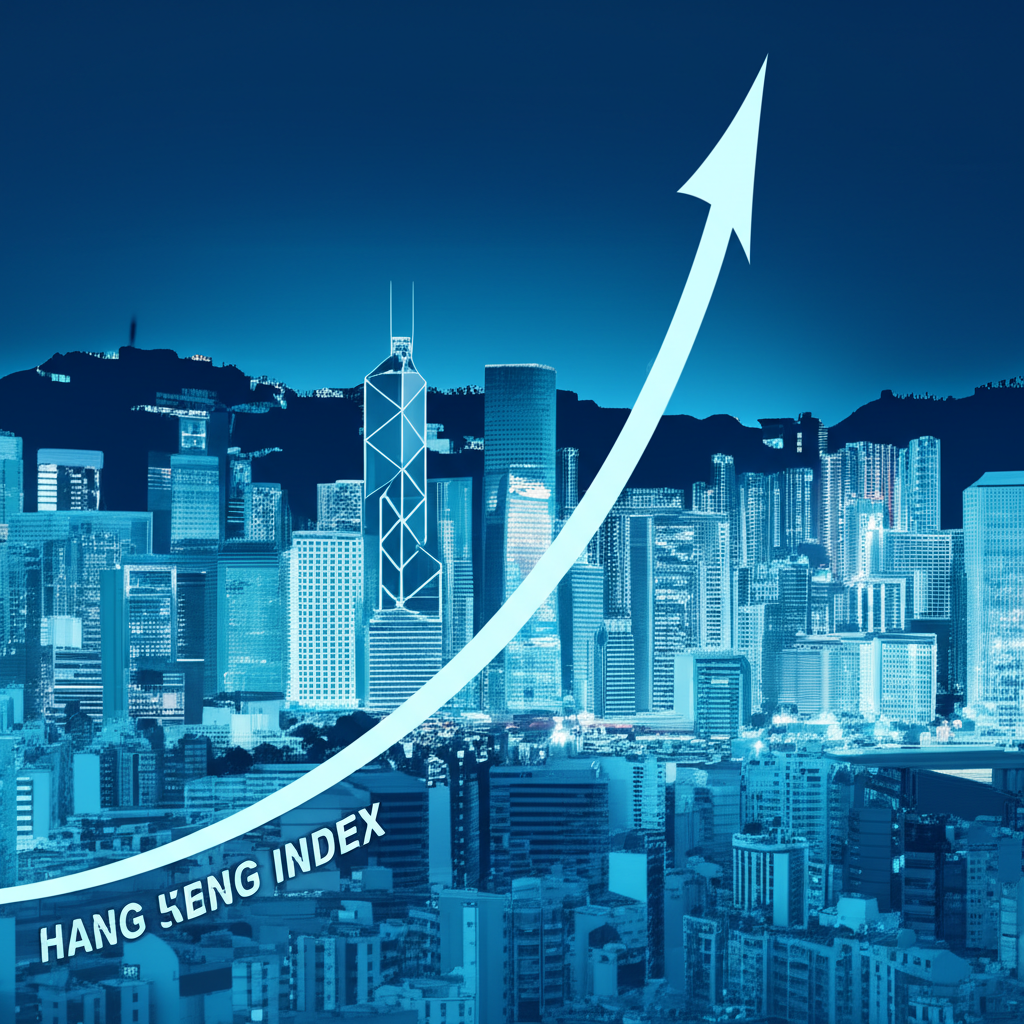 恆生指數歷史高位圖表，背景為繁榮的香港城市景觀與全球經濟增長及自信投資者