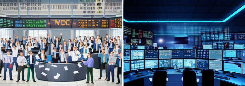 illustration contrasting an old traditional stock exchange floor with people shouting and paper flying with a sleek modern digital trading room filled with computers and glowing screens emphasizing the efficiency and transparency of electronic transactions
