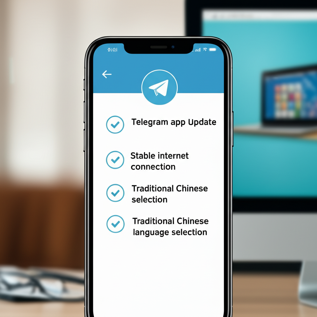 插畫展示一個待辦清單,包含三項:Telegram 應用程式更新、穩定網路連線、選擇繁體中文,背景有手機與電腦,代表設定前的完整準備