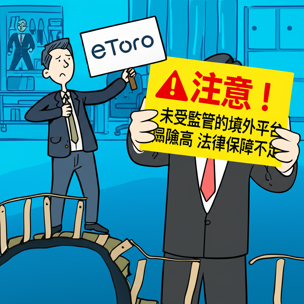 台灣投資者走在標示eToro的搖晃橋上,背景政府官員持警示牌的插圖,象徵法律灰色地帶與保護缺失