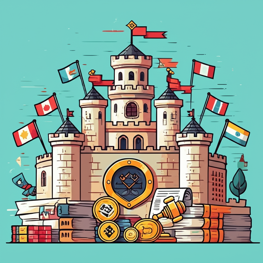 一座像城堡般堅固的結構代表幣安,周圍環繞各國國旗和法律文件,象徵全球監管與加密貨幣市場的信賴度插圖