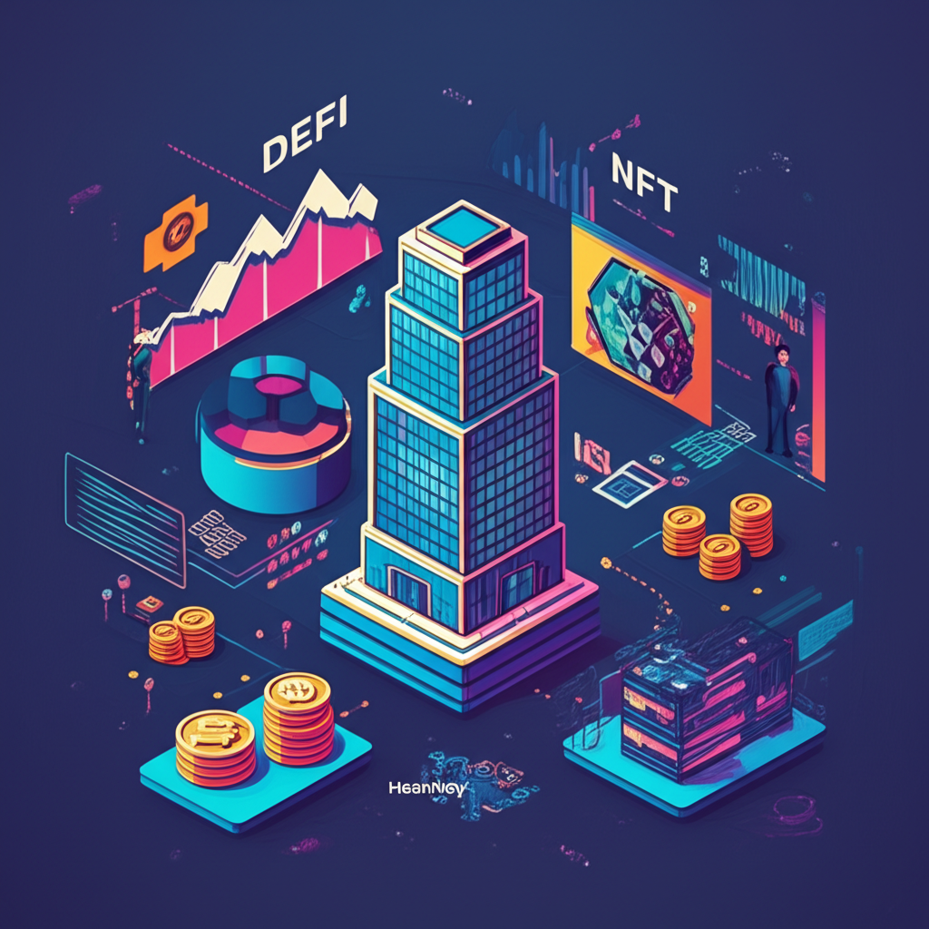 充滿活力的區塊鏈生態系統插圖，HashKey Capital為中心，周圍DeFi、NFT等項目