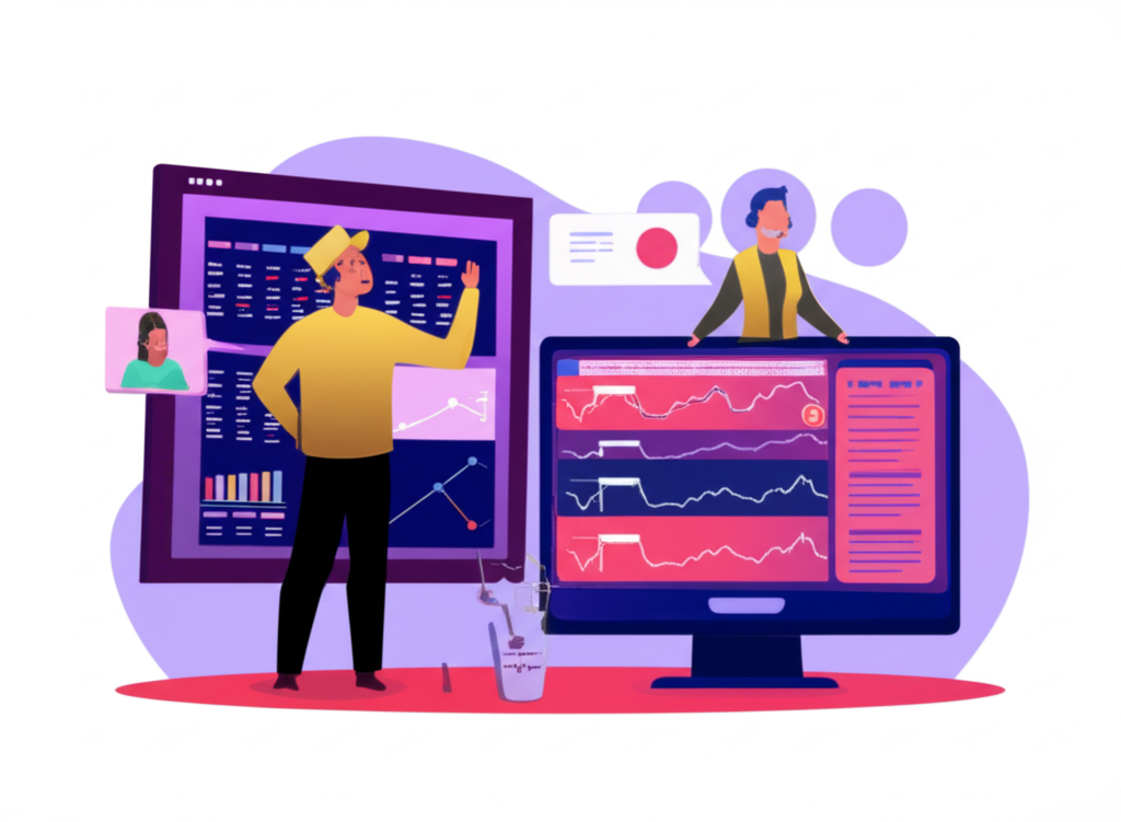 現代投資者操作多螢幕交易介面,顯示股票、基金與期貨等工具,同時獲得客服支援與研究報告,在安全數位環境中順暢進行