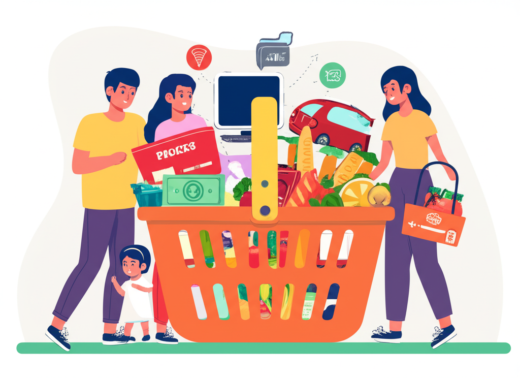 Consumer Price Index CPI concept measuring family spending on a basket of goods and services price changes reflecting purchasing power and inflation illustration style