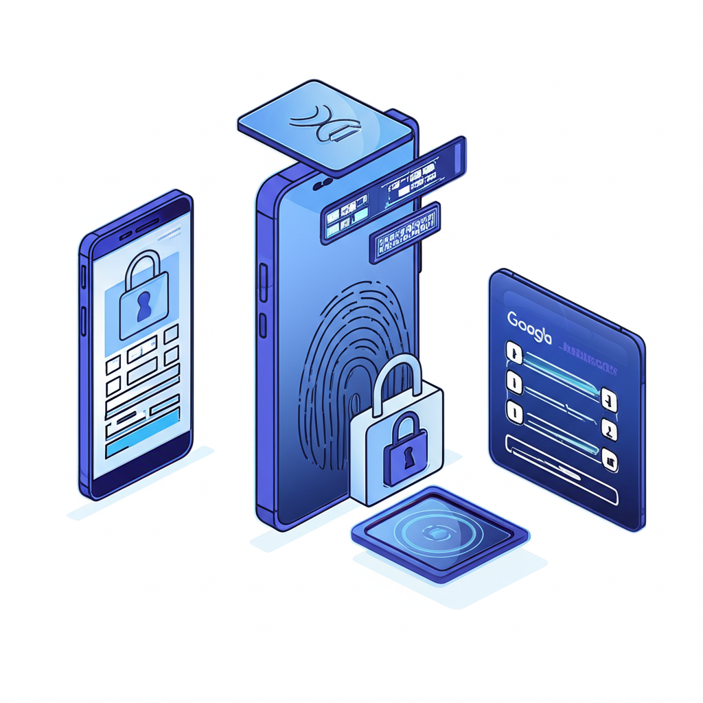 插圖：使用者的數位帳戶受到多重安全層保護，包含顯示Google Authenticator驗證碼的手機與指紋辨識器，以及安全鎖圖示