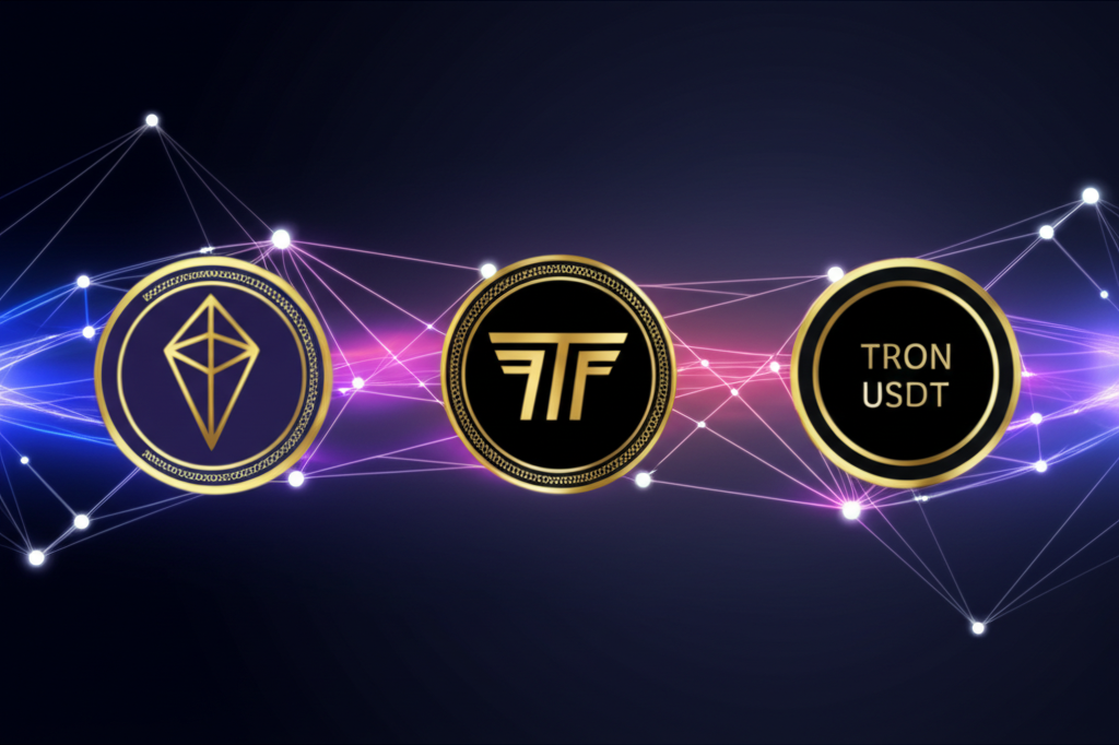 TRON 和 USDT 互聯的數位貨幣網路，展示資料流動與安全高效環境