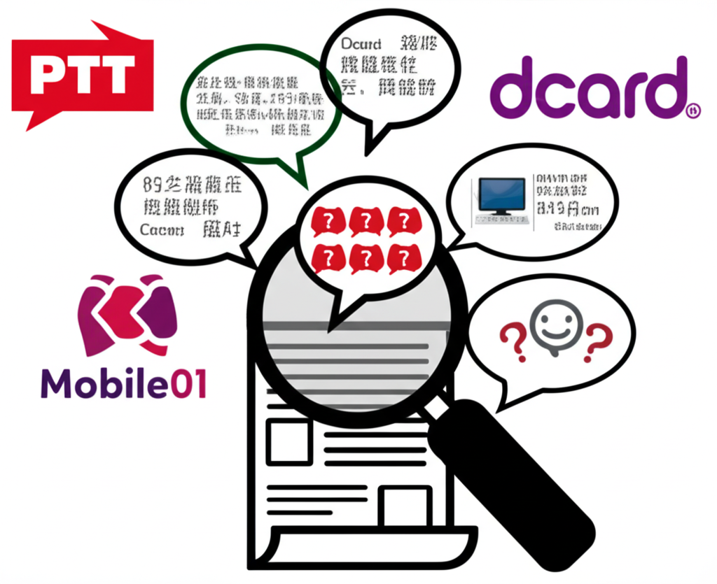 社群媒體平台如PTT、Dcard、Mobile01負評討論插圖,顯示放大鏡檢視業務模式