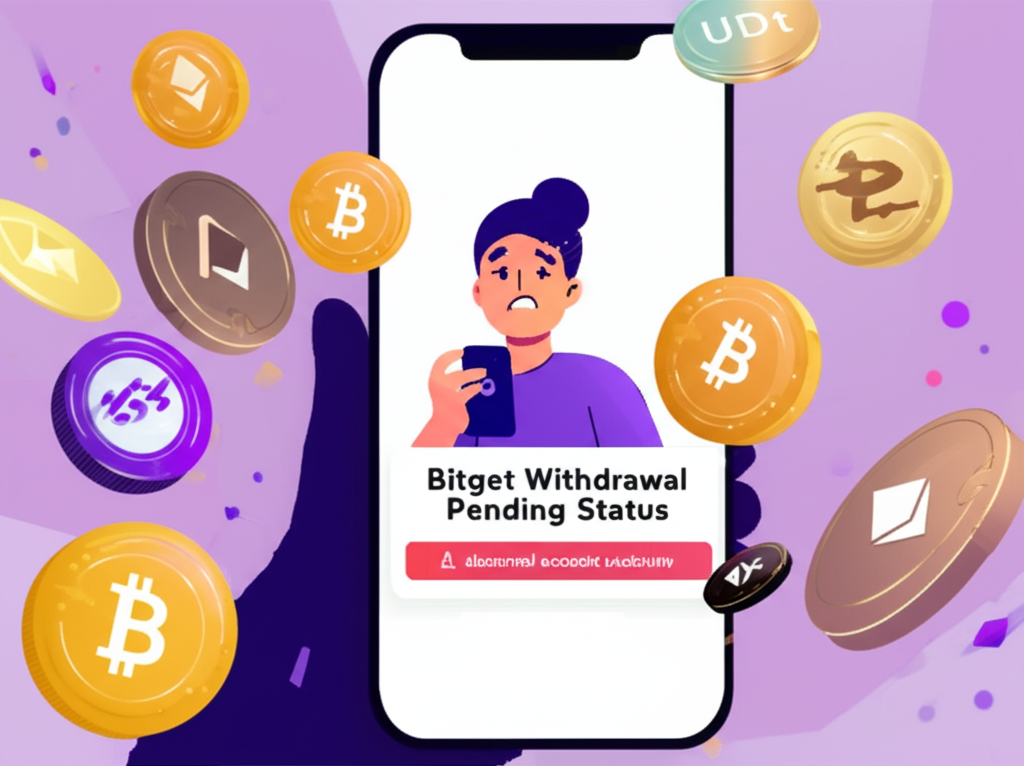 擔憂用戶查看 Bitget 出金延遲或帳戶異常畫面的插圖，周圍有浮動的加密貨幣圖示