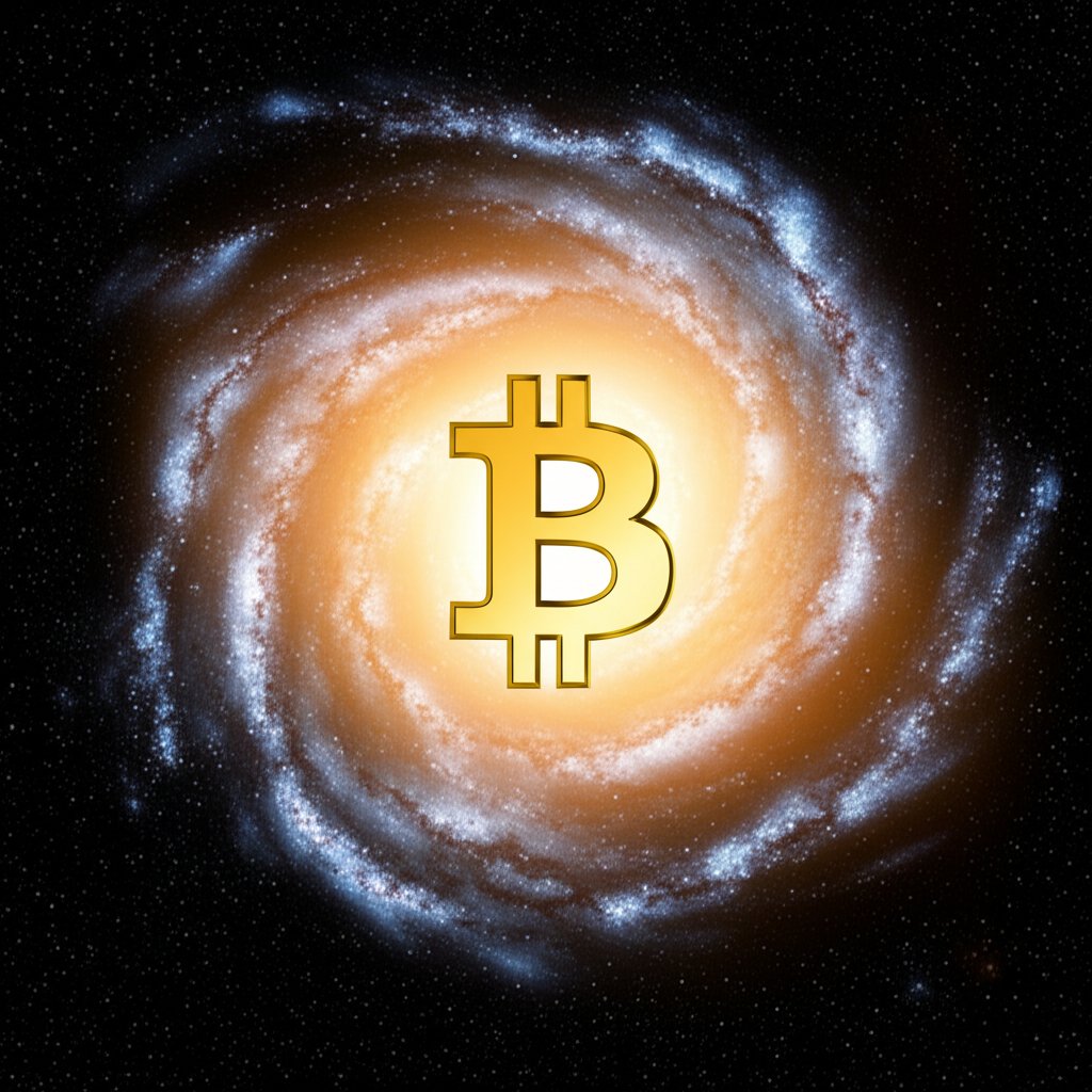 發光的比特幣符號懸浮於星系中央，象徵其全球影響力與去中心化金融的創新實驗