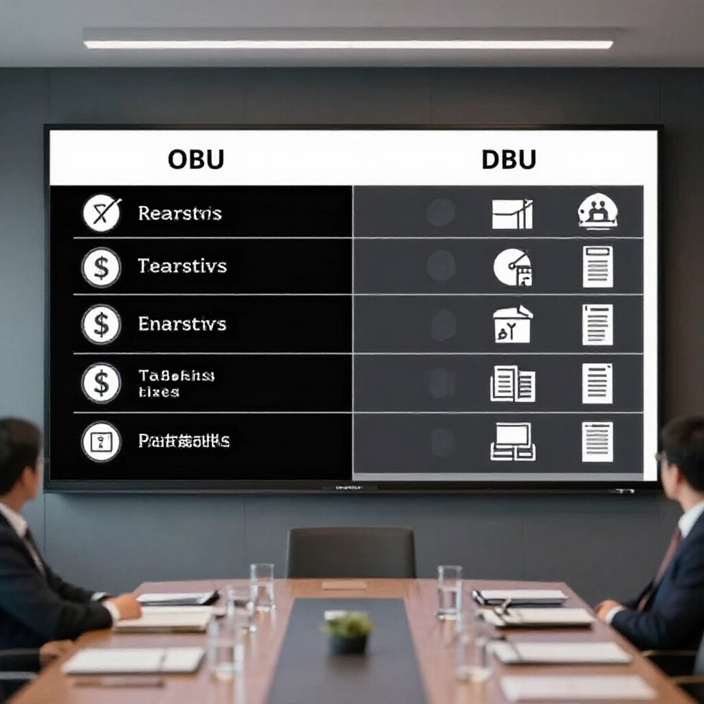 董事會議室數位螢幕高對比比較表,區分 OBU 與 DBU 特色,圖示準備金、稅務與轉帳,專業氛圍