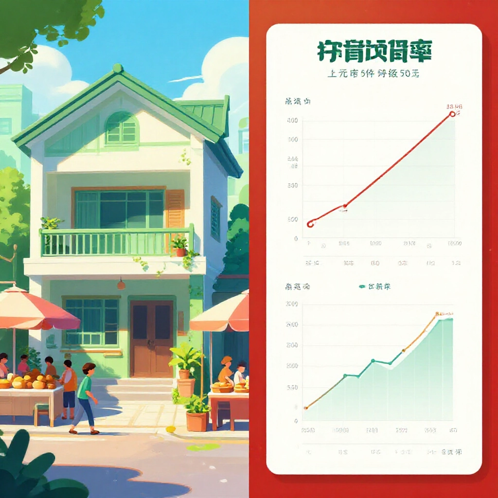 畫面一分為二,左側現代台灣住宅沐浴日光帶市場熱鬧感,右側平靜官方評價圖表,對比綠紅色調凸顯價值差異