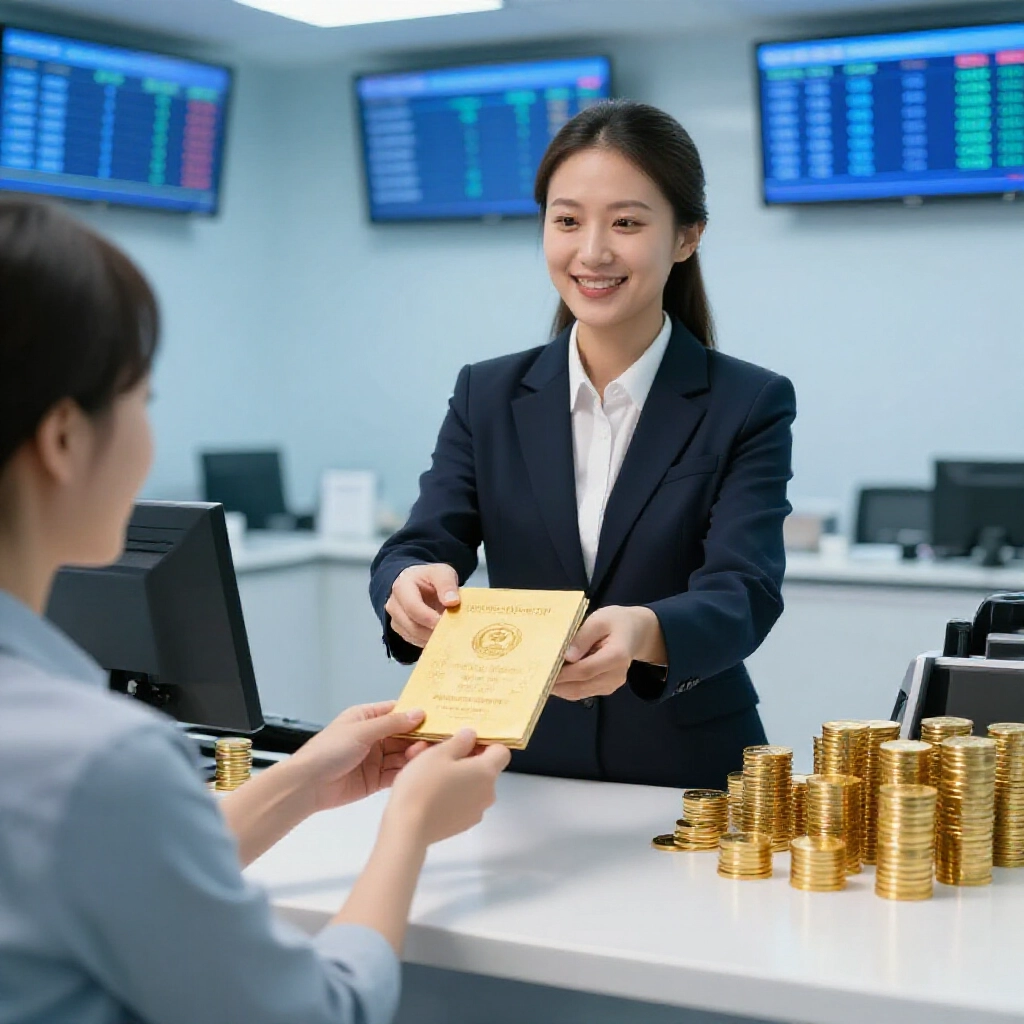 優雅櫃員遞黃金存摺給微笑客戶,周圍金幣堆疊與匯率螢幕,寧靜藍調銀行大廳氛圍
