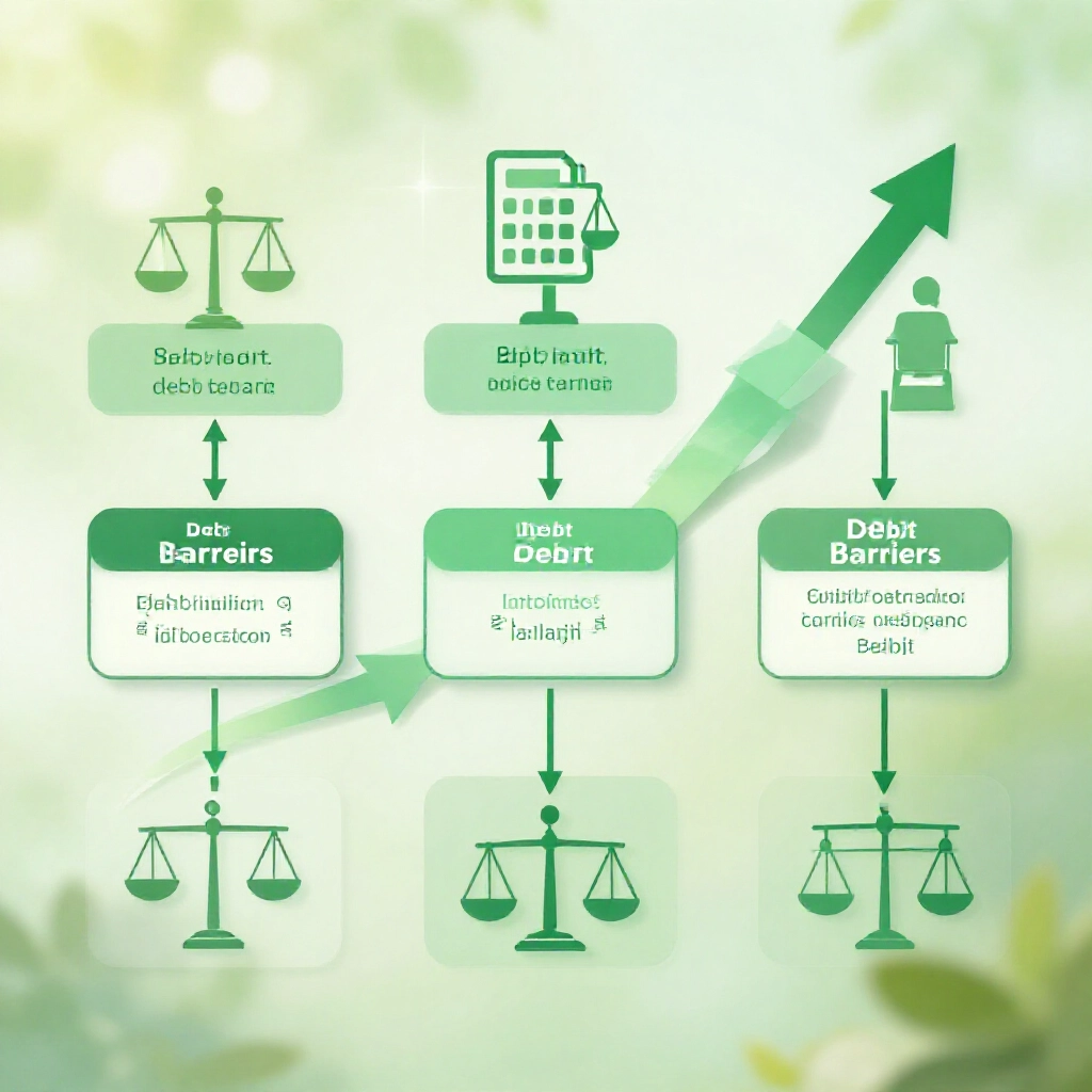 薪資流向債務障礙的流程圖,顯示信用卡額度空間計算,帶有計算機與向上箭頭