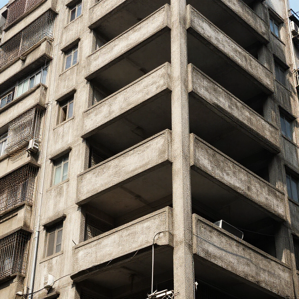 台北市街頭老混凝土公寓外觀細節,日光照亮結構裂縫與堅固框架