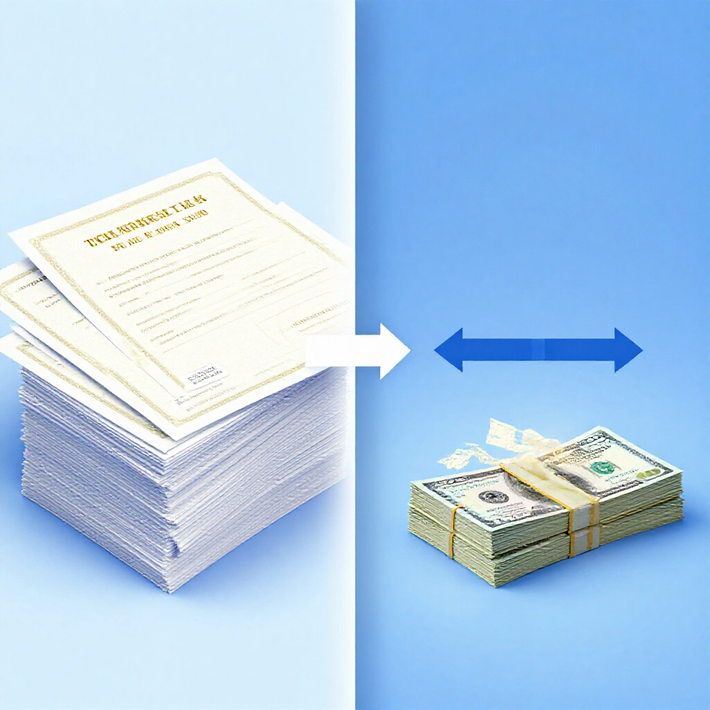 左側股票證券堆疊、右側現金疊放,分隔箭頭顯示資金流向,乾淨藍調邏輯金融圖解