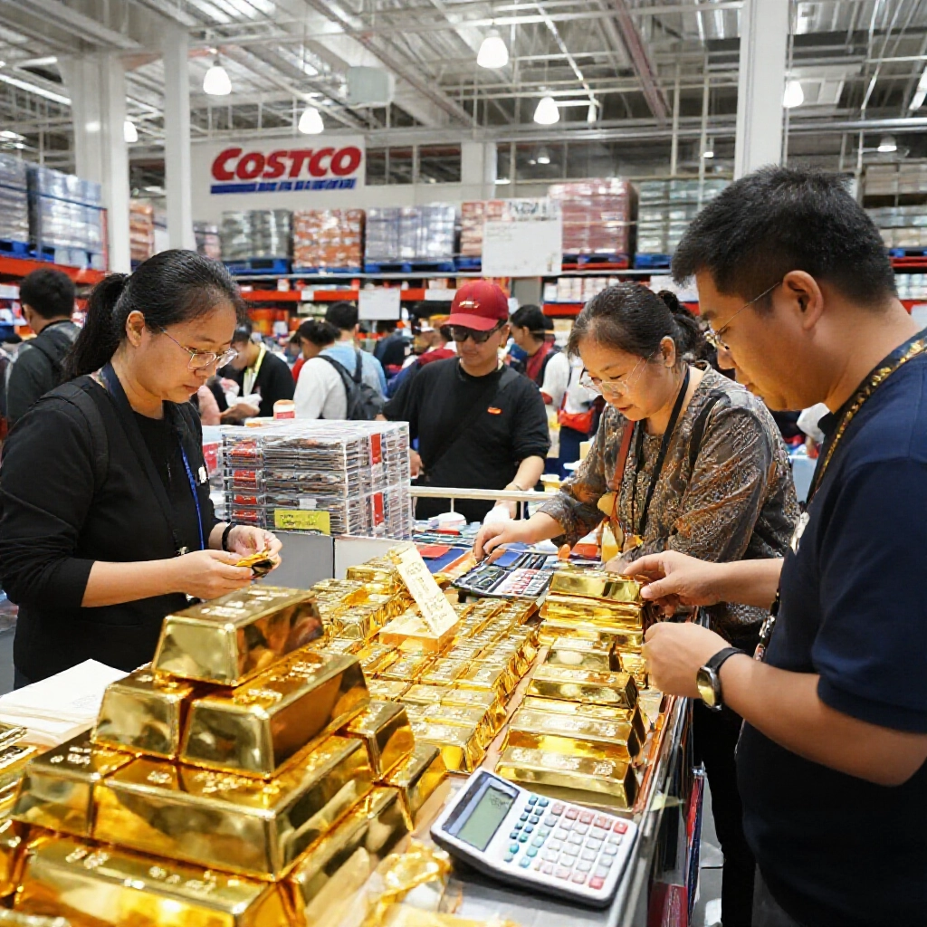 購物者檢視 Costco、Momo 閃亮金條與 Truney 專業金錠,攤位上計算機秀成本,明亮零售燈光下熱鬧台灣市集氛圍
