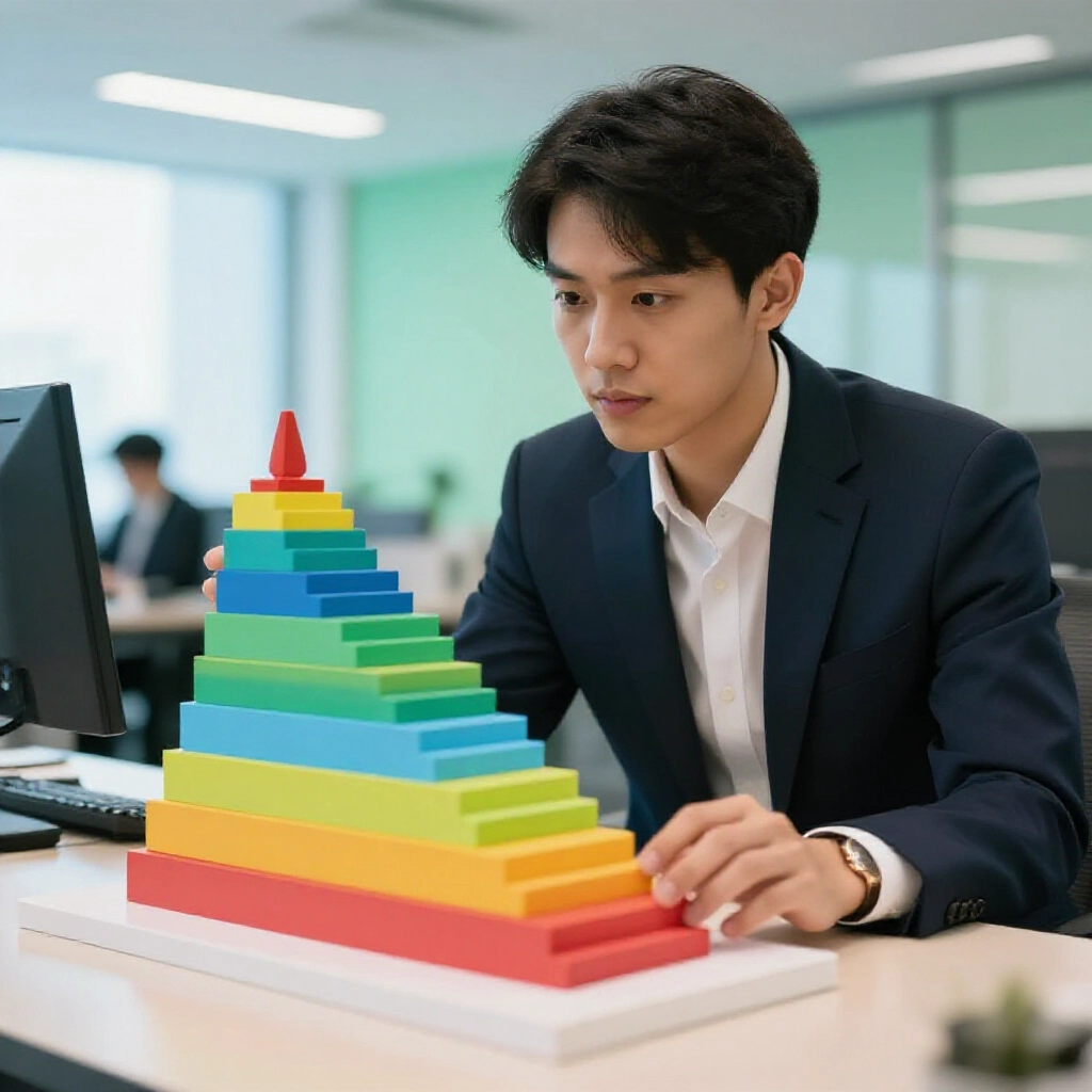 年輕上班族在明亮台灣辦公室專注研究彩色階梯模型,象徵稅率級距