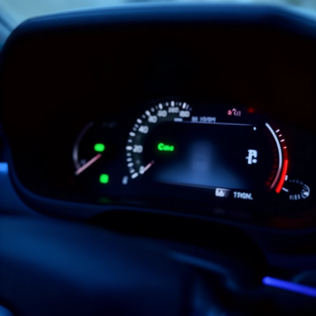 汽車儀表板近拍,綠色 ECO 模式燈亮起,鄰近速度錶、油量錶與數位顯示,高科技車艙冷藍氛圍光