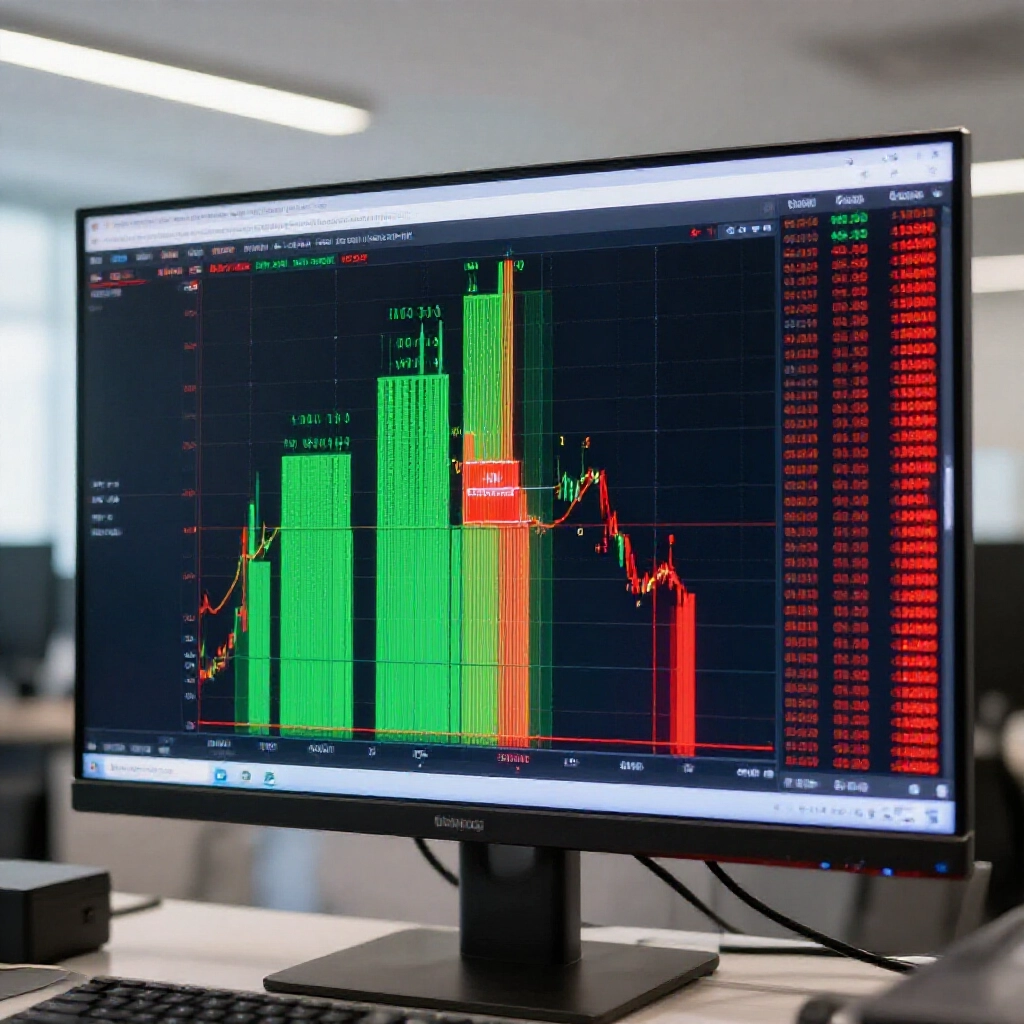 專業交易螢幕顯示綠色買單堆疊高於紅色賣單,中央交易價格突出,明亮辦公室燈光與現代介面