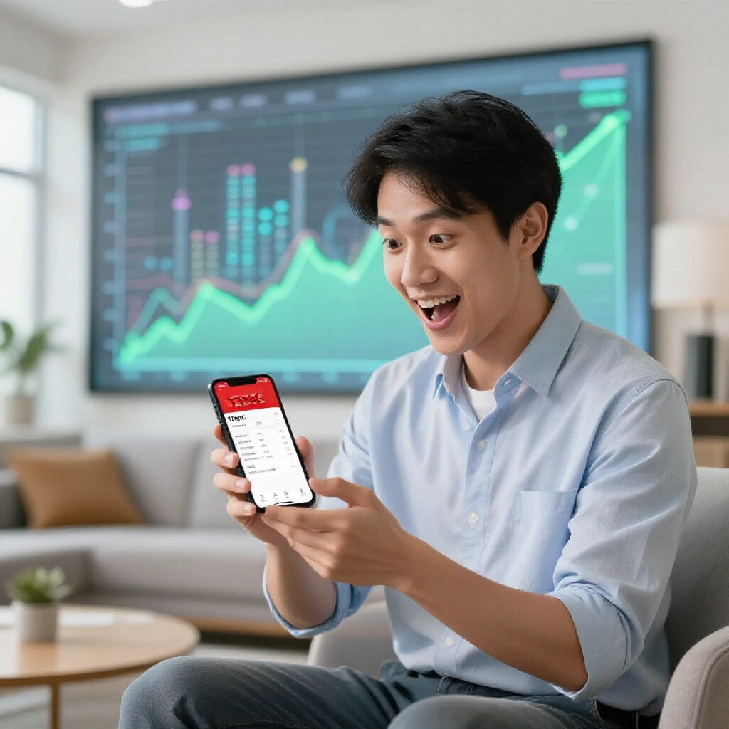 年輕台灣上班族在明亮客廳興奮查看手機App顯示台積電股票購買確認畫面,背景有發光的半導體工廠與上漲綠色圖表