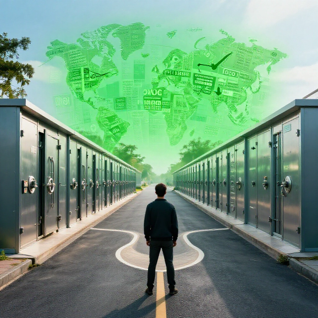 人在岔路口,一條路有安全銀行金庫,另一條有多元股票符號與電匯箭頭,決策地圖疊加,象徵在地保障與海外機會的選擇
