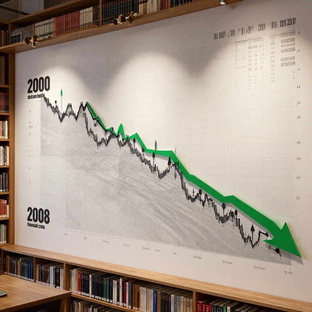 歷史股市崩盤時間軸圖,灰階顯示 1929 大蕭條、2000 網路泡沫、2008 金融危機與 2020 疫情暴跌,綠色恢復箭頭突出