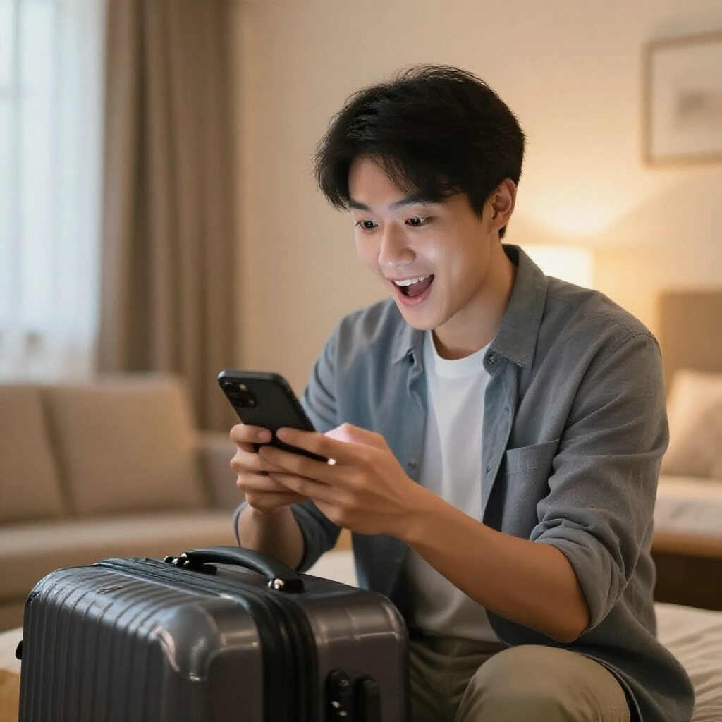 年輕上班族在現代台灣公寓興奮查看手機信用卡核准通知，旁邊有旅行行李箱，溫暖室內燈光，舒適氛圍