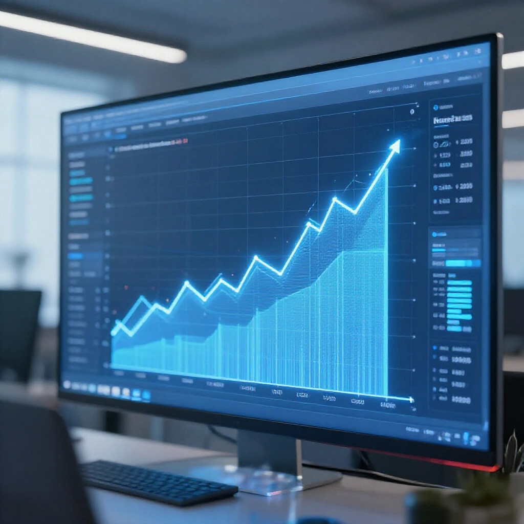 專業藍調財務儀表板,顯示發光圖表與上升趨勢線,在現代交易辦公室柔和燈光下