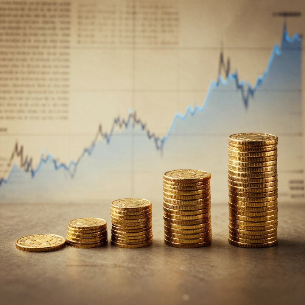 古老金幣演變成現代金條堆疊,歷史時間線背景,從暖色調漸變到當代藍色金融圖表