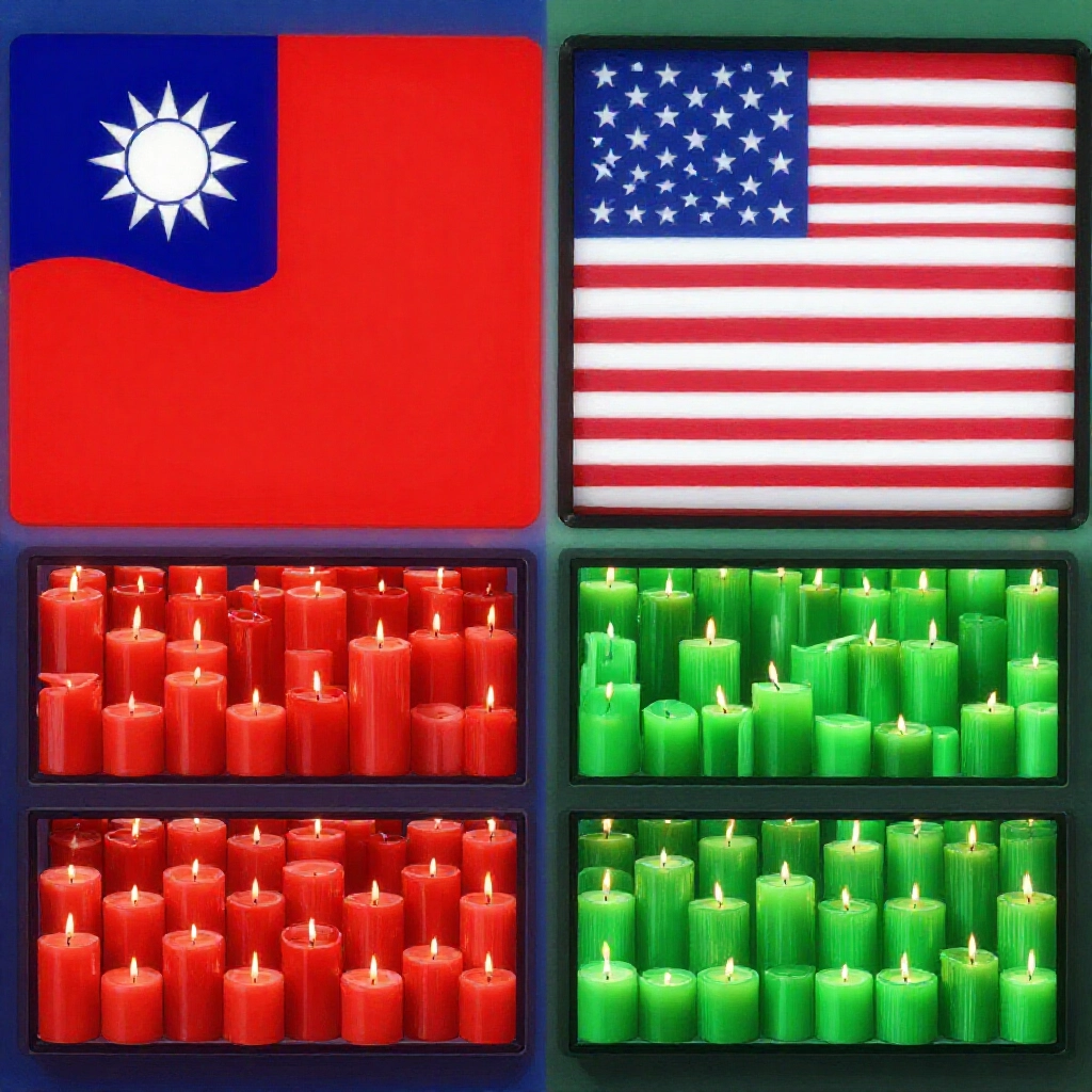 彩色資訊圖,分隔台灣與美國國旗,對比台股與美股紅綠 K 棒圖案