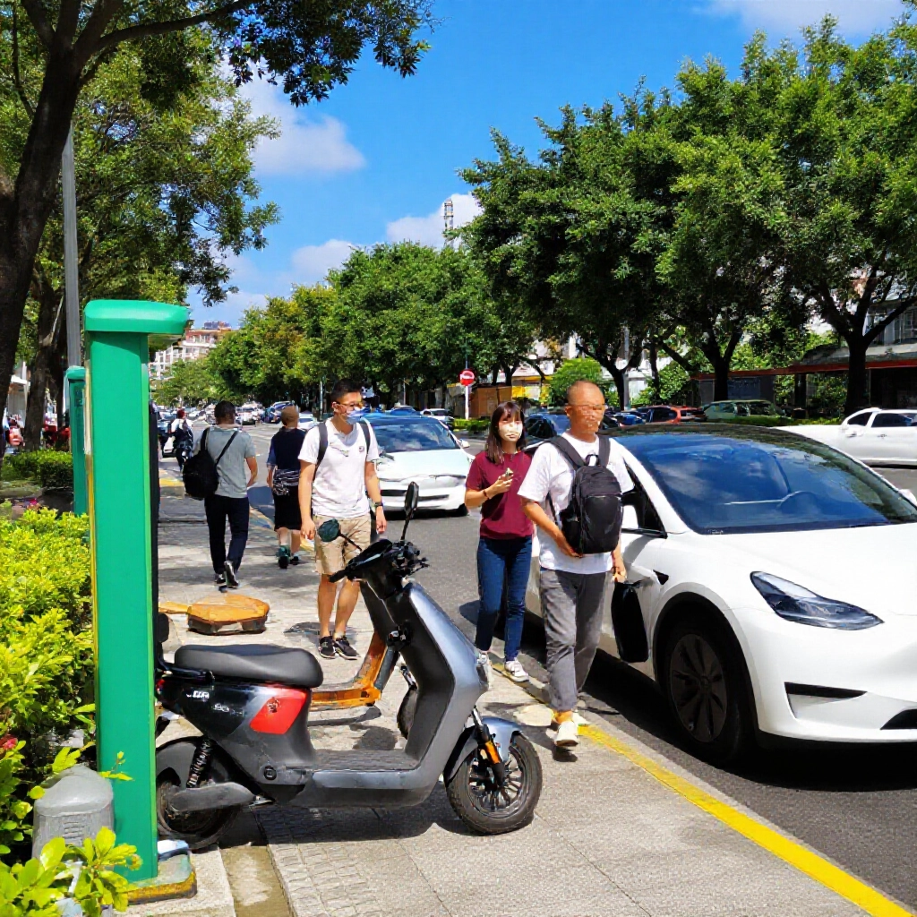 繁忙台灣街頭電動機車在綠色充電站充電，Tesla 車輛插電，藍天白雲，人們動態通勤，都市公園綠意盎然