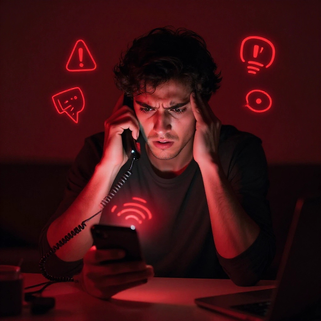 沮喪個人在陰暗房間接聽詐騙電話,紅色警示燈光閃爍,緊張氛圍,警示圖示環繞手機,強調危險與急迫感,以深紅色調呈現。