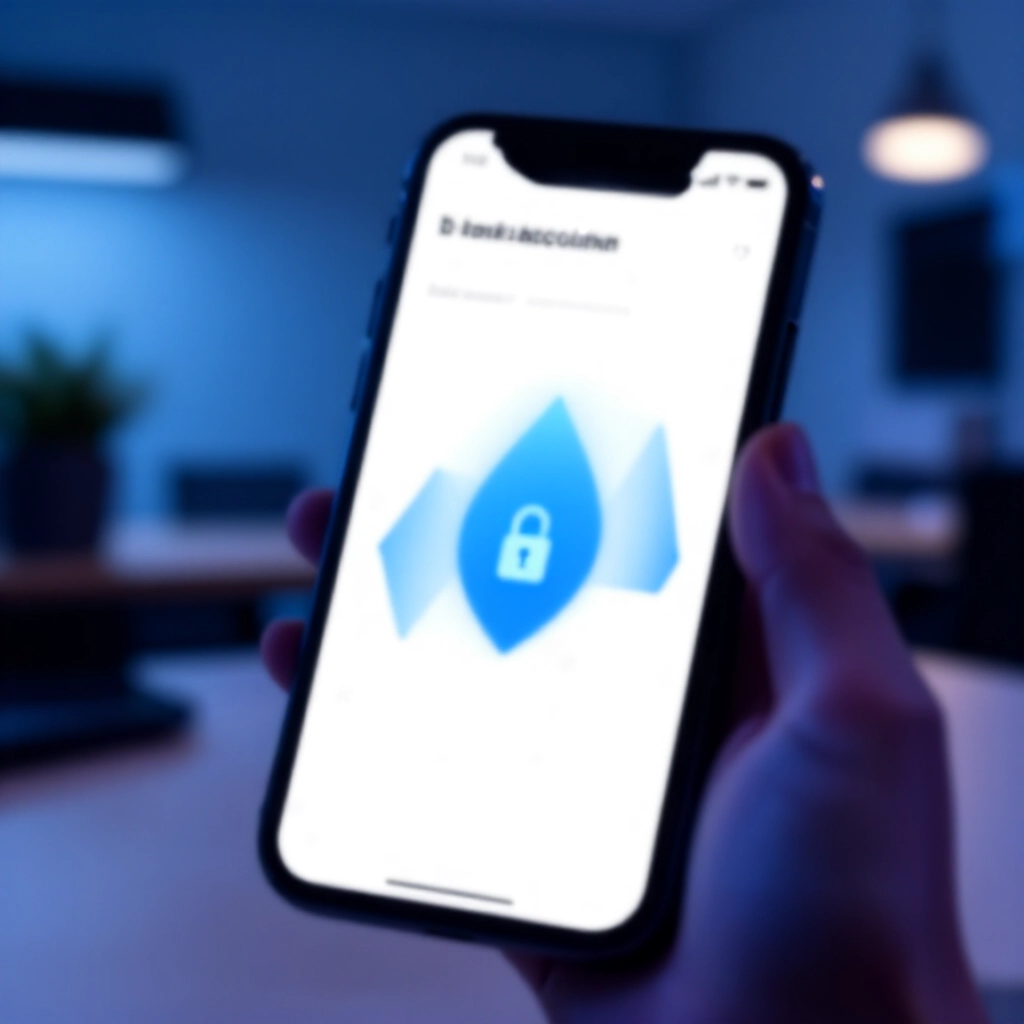 居家辦公室中智慧手機螢幕特寫,顯示券商 App 資金流程圖,從銀行帳戶到虛擬圈存區,閃爍箭頭與安全鎖圖示,藍色柔和燈光