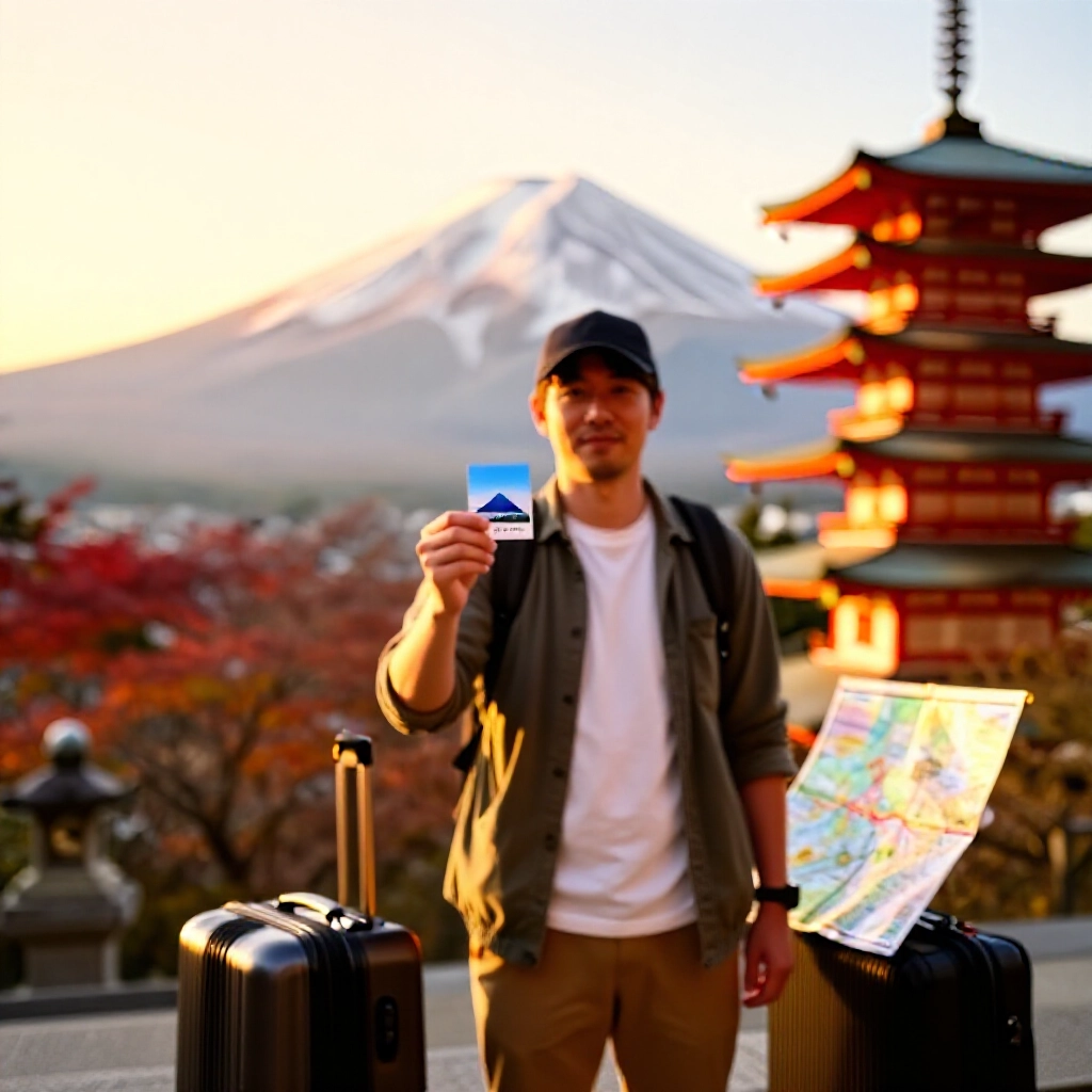 一位旅客站在日本寺廟前，手持卡片，背景是富士山，金色夕陽光線下，身穿休閒旅行服，旁邊有地圖和行李箱，喚起冒險省錢氛圍