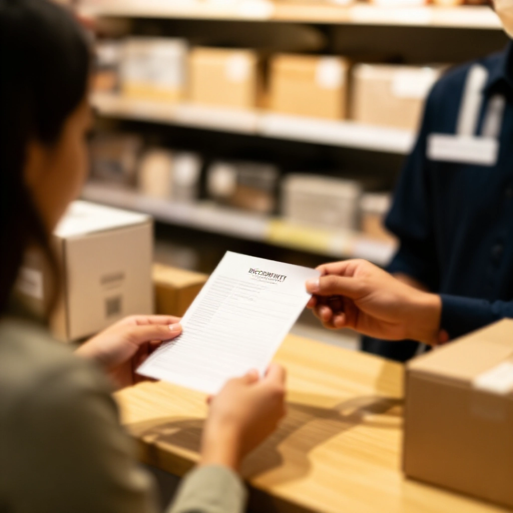 零售商店內顧客退還瑕疵商品,賣方在櫃檯準備折讓單,溫暖環境燈光與商品盒環繞