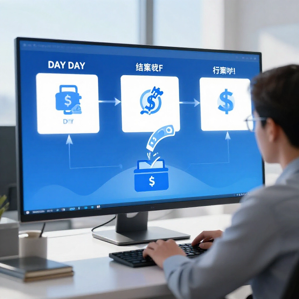 藍色調專業流程圖,顯示股票交易員坐在桌前,螢幕上呈現交易日、確認日與結算日圖示,資金從券商帳戶流向銀行錢包,在明亮日光照明下