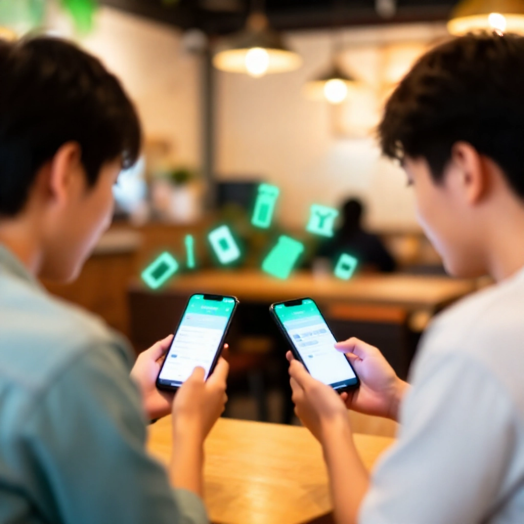 兩位年輕台灣人在現代咖啡廳使用智慧型手機，透過 App 介面虛擬交換二手衣物與小家電，螢幕發光顯示交易畫面，溫暖環境光線，休閒友好氛圍，鮮豔綠藍色調與詳細產品圖示浮動