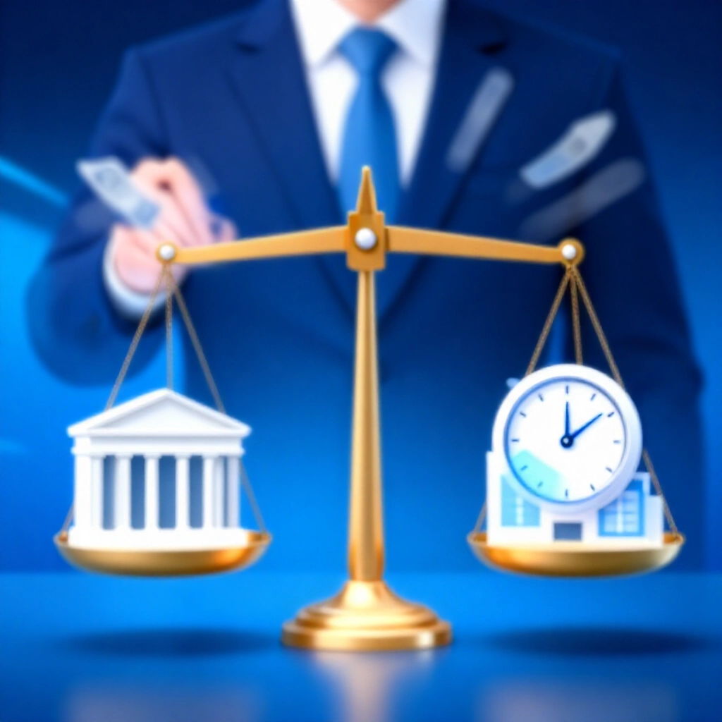 銀行與券商大樓在天平上的專業比較場景,配速時鐘、低利率符號與快速現金流,在動態藍光下